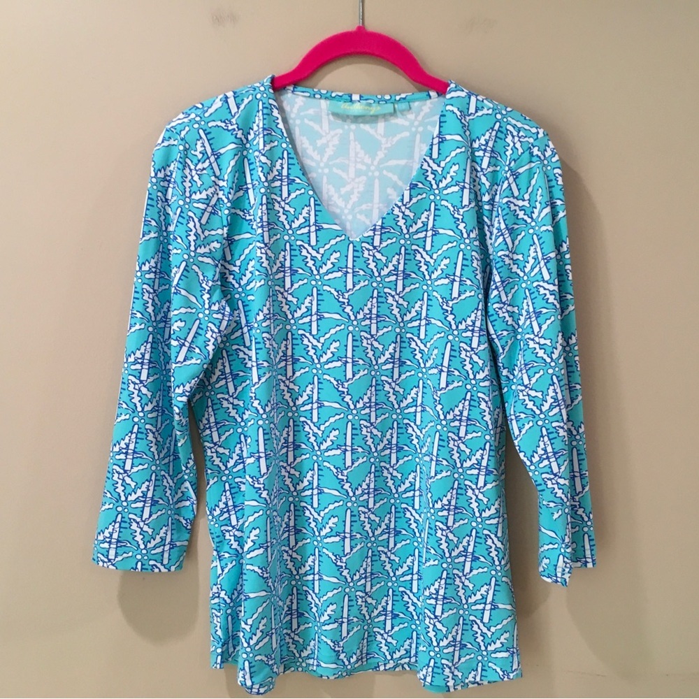 Anthonys Resort Wear 3/4 Sleeve Top Blue White UPF 50+ Stretch coastal Women S